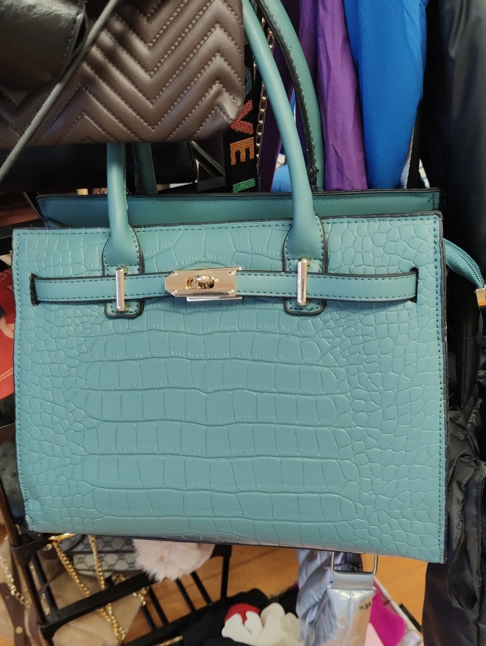 Structured Croc-Embossed Satchel in Aqua - Designer Style